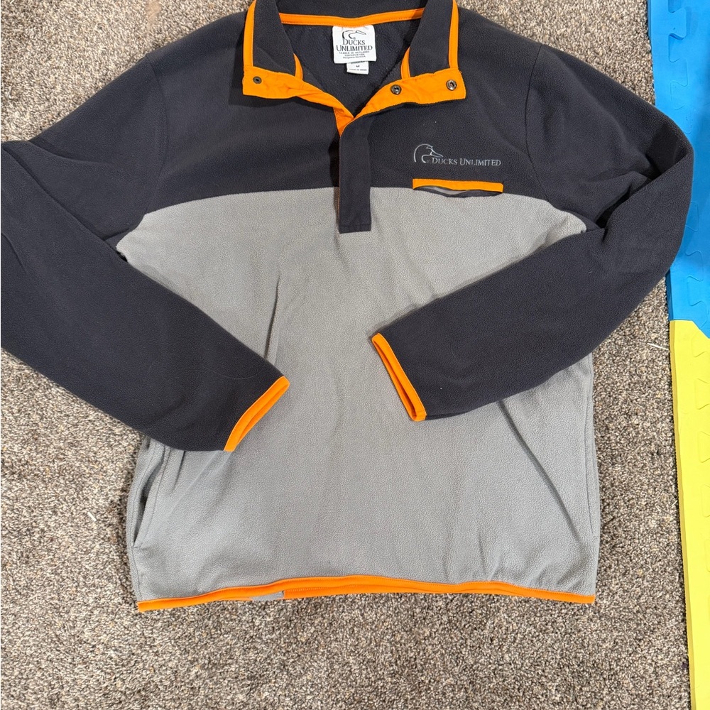 Ducks Unlimited Gray and Black Long Sleeve Polo with Orange Accents